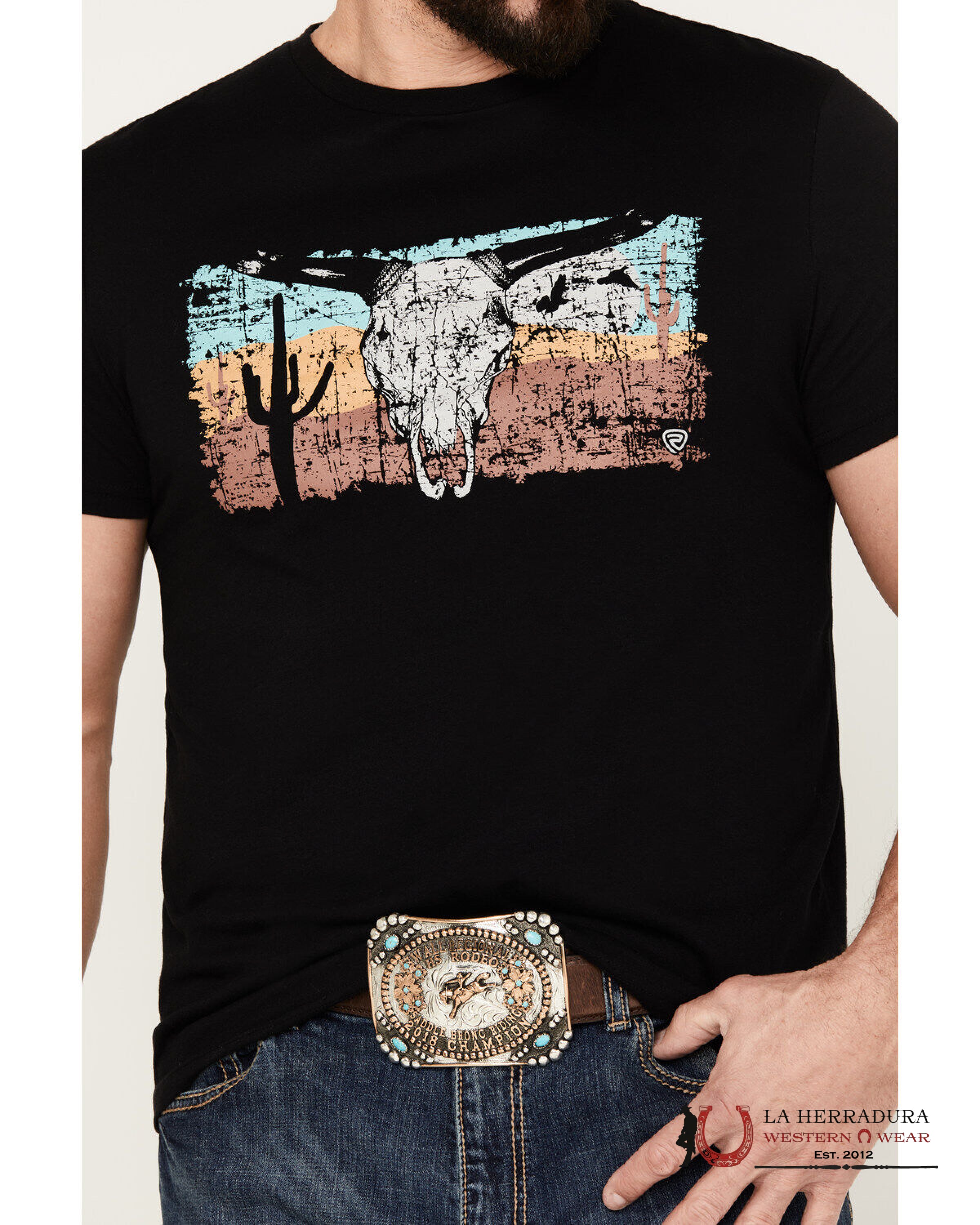 ROCK&ROLL MENS T-SHIRT BLACK LONG HORN SKULL GRAPHIC RRUT21R12H ROPA HOMBRES