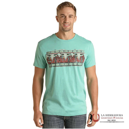ROCK&ROLL MENS T-SHIRT TURQUOISE LONGHORN GRAPHIC RRMT21RZME