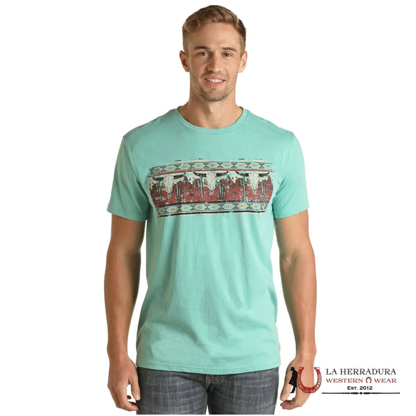 CAMISETA DE HOMBRE ROCK&ROLL TURQUESA GRÁFICO LONGHORN RRMT21RZME