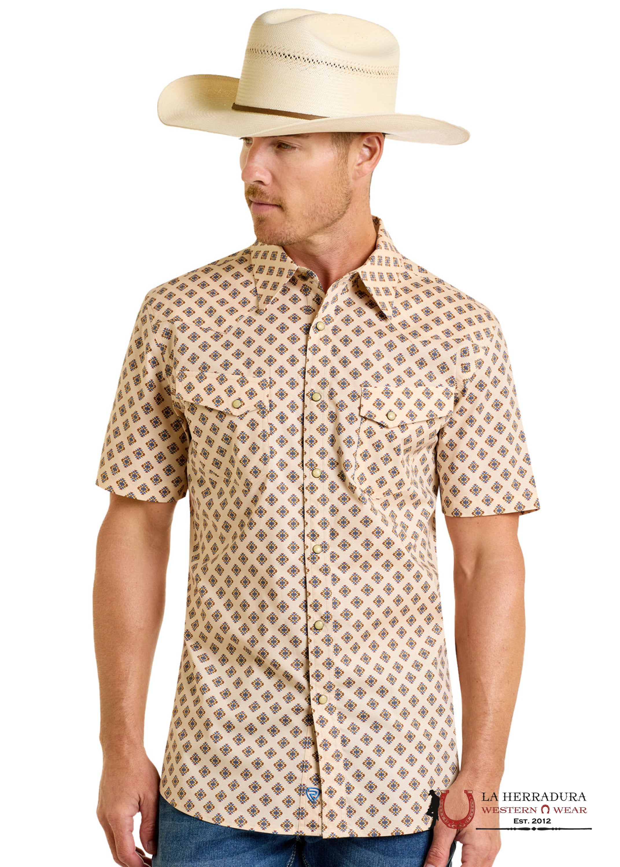 Rock&Roll Mens Tan Geo Short Sleeve Shirt- BMN3S06478 ROPA HOMBRES