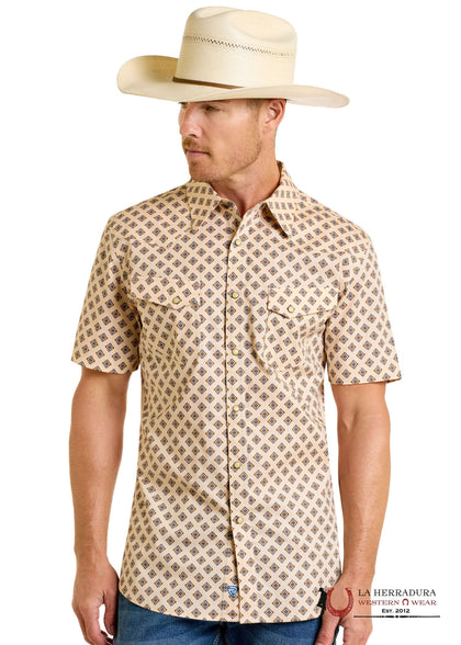ROCK&ROLL MENS TAN GEO SHORT SLEEVE SHIRT- BMN3S06478