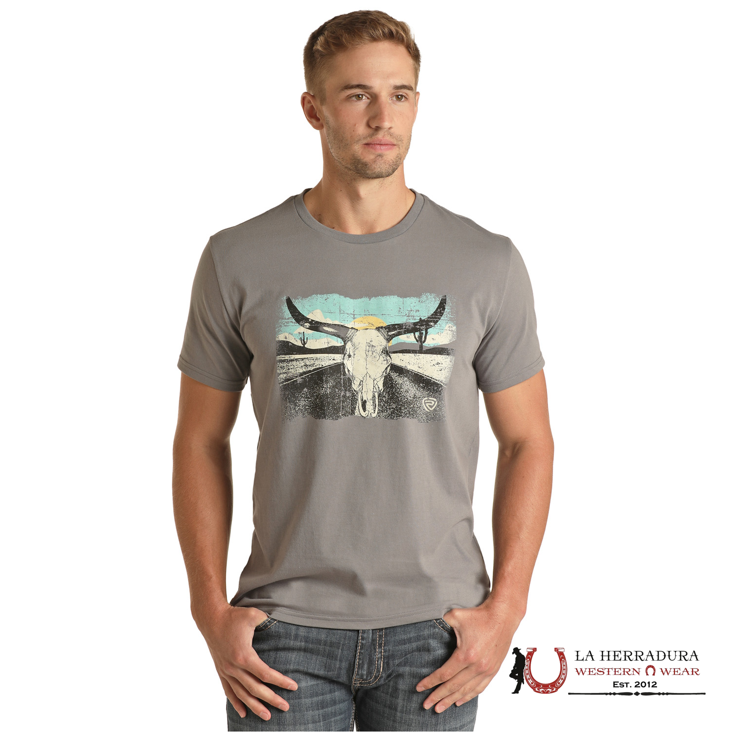 ROCK&ROLL MENS TSHIRT- GREY TEE W LONGHORN GRAPHIC RRMT21RZMG ROPA HOMBRES