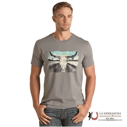 ROCK&ROLL MENS TSHIRT- GREY TEE W LONGHORN GRAPHIC RRMT21RZMG