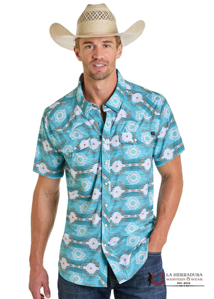 ROCK&ROLL MENS TURQUOISE AZTEC SHORT SLEEVE SHIRT- BMN3S06433