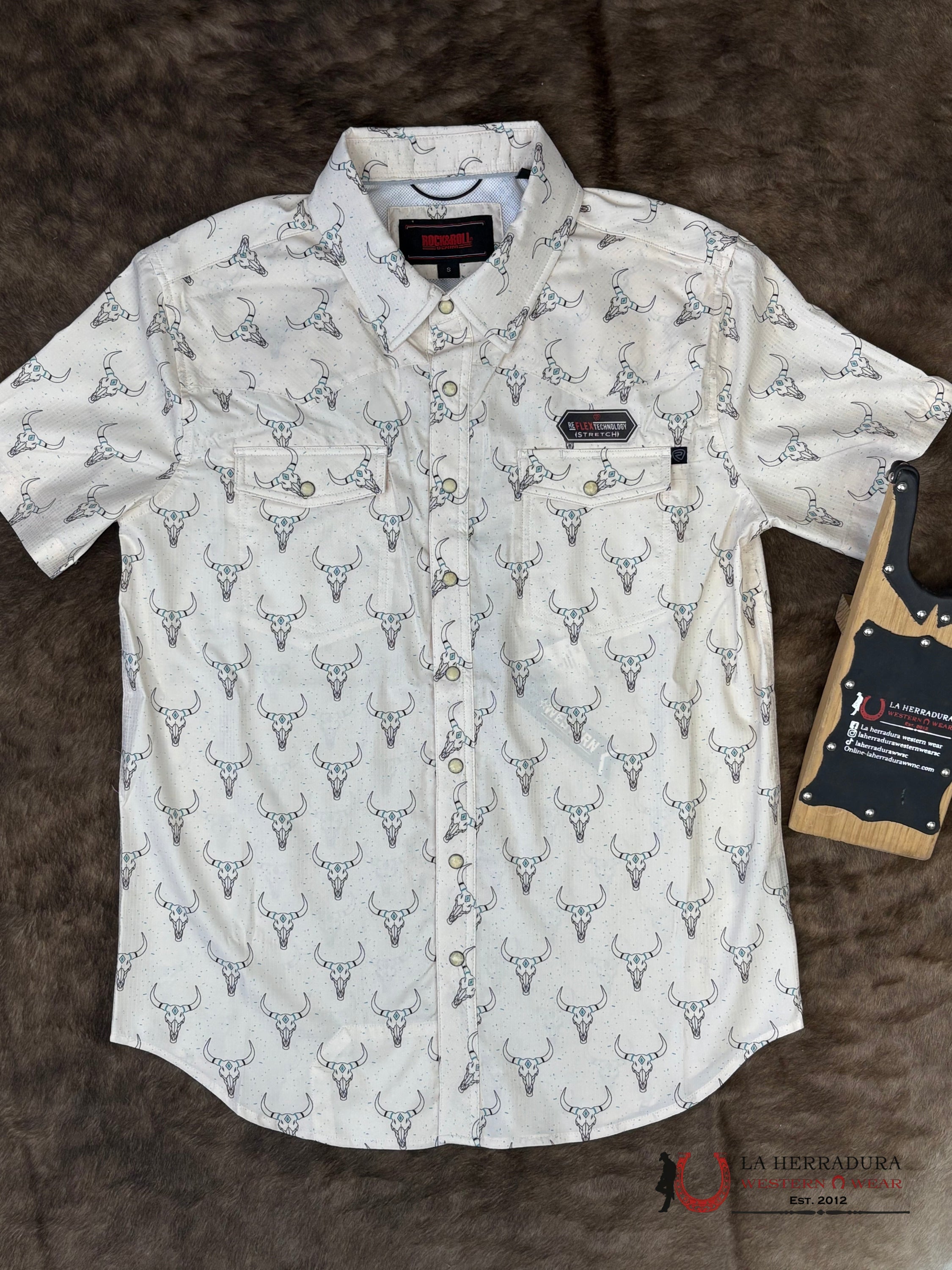 Rock&Roll Natural Begie Short Sleeve With Longhorn Print Shirt Men - 5964 ROPA HOMBRES