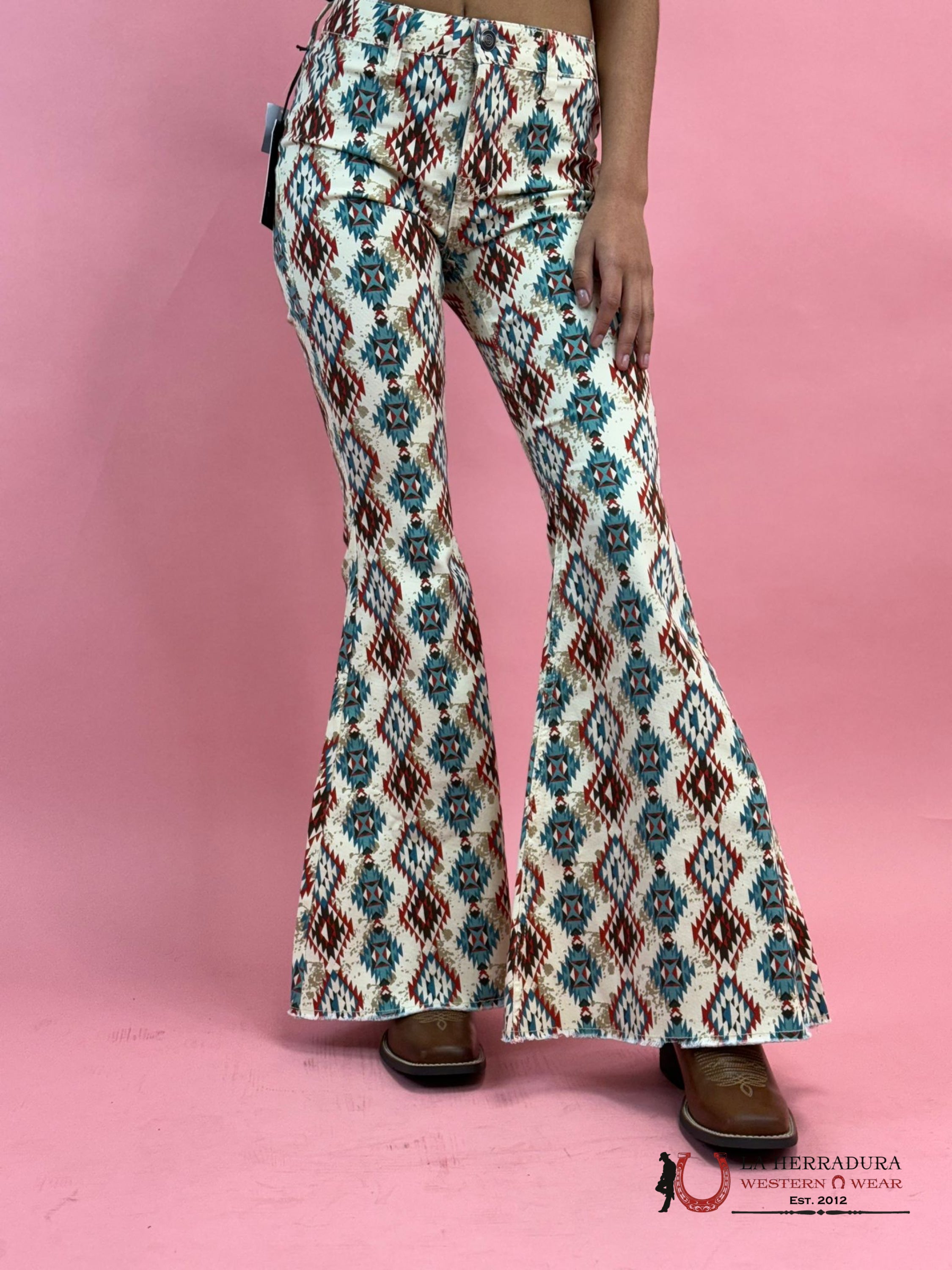 Rock&Roll Natural Cowhide Aztec Bell Bottom Jeans Women