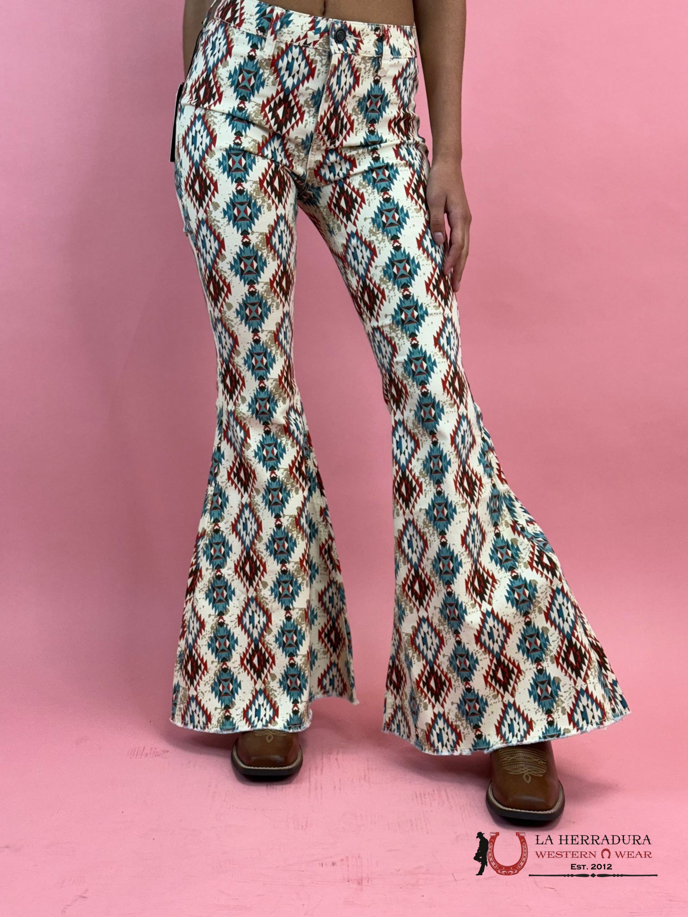 Rock&Roll Natural Cowhide Aztec Bell Bottom Jeans Women