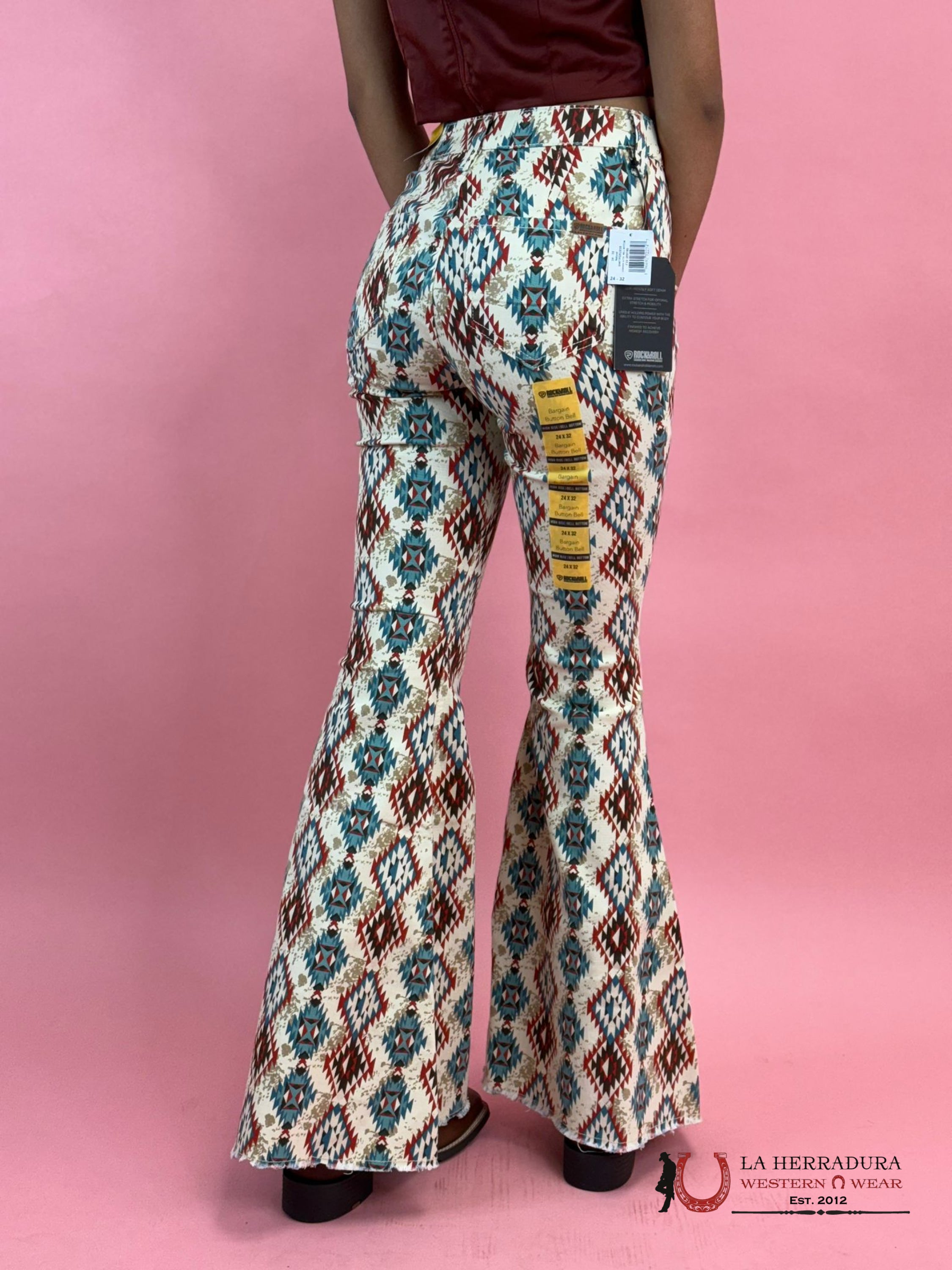 Rock&Roll Natural Cowhide Aztec Bell Bottom Jeans Women