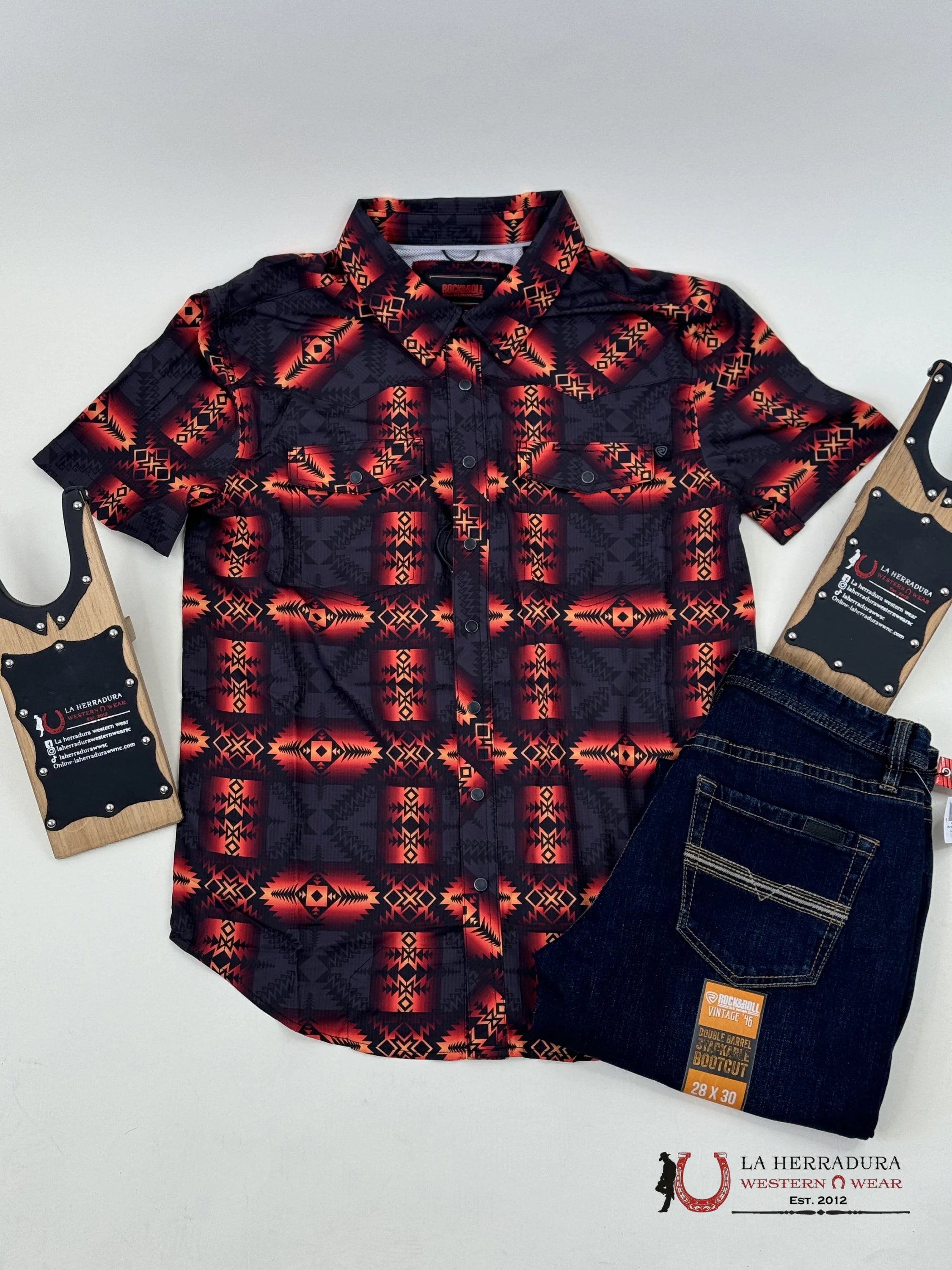 Rock&Roll Orange Aztec Snap Short Sleeve 4803 Ropa Hombres