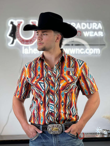 ROCK&ROLL ORANGE AZTEC SNAP SHORT SLEEVE SHIRT