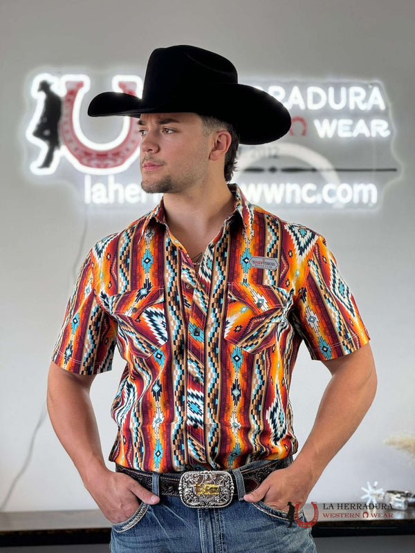CAMISA DE MANGA CORTA ROCK&ROLL NARANJA AZTECA CON BOTONES A PRESIÓN