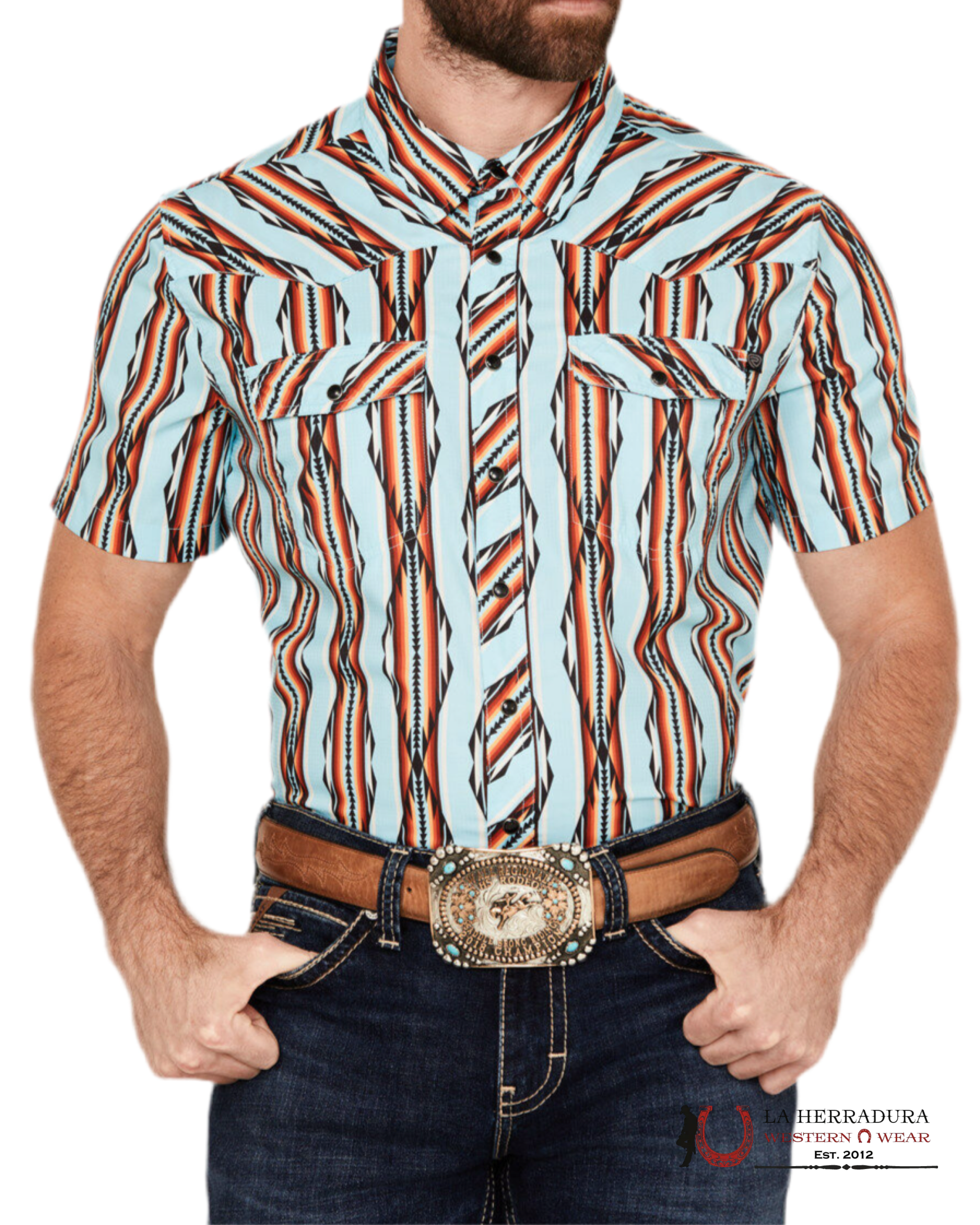 ROCK&ROLL ORANGE BRIGHT TURQUOISE AZTEC SNAP SHORT SLEEVE BMN3S04225 ROPA HOMBRES