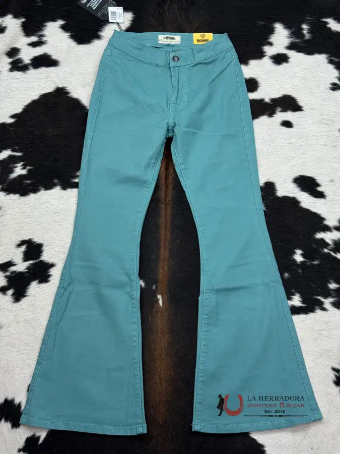 Rock&Roll Peacock Turquoise Button Flare Jeans Women