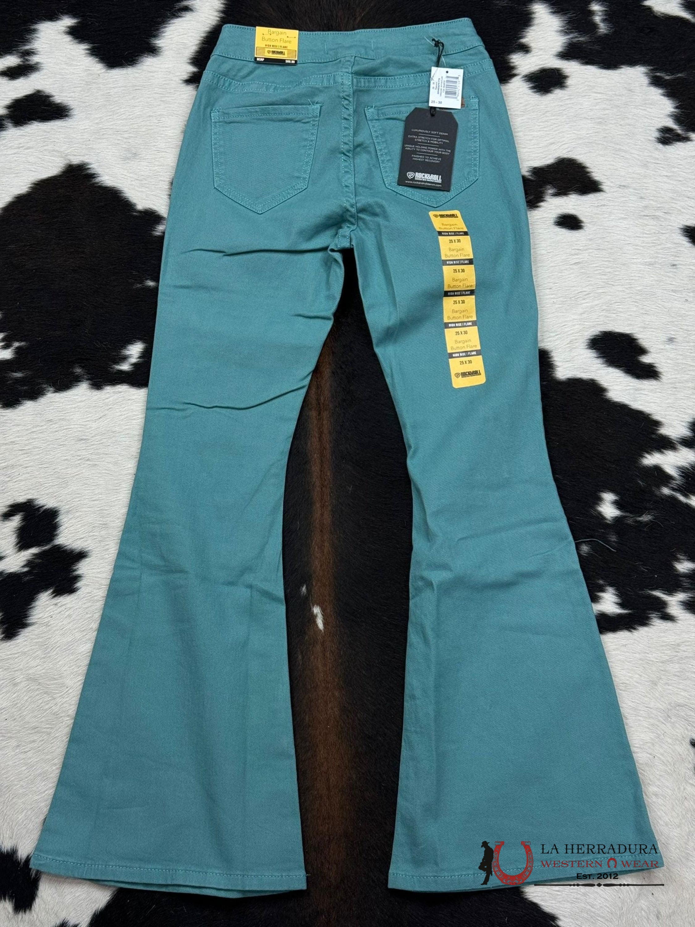 Rock&Roll Peacock Turquoise Button Flare Jeans Women