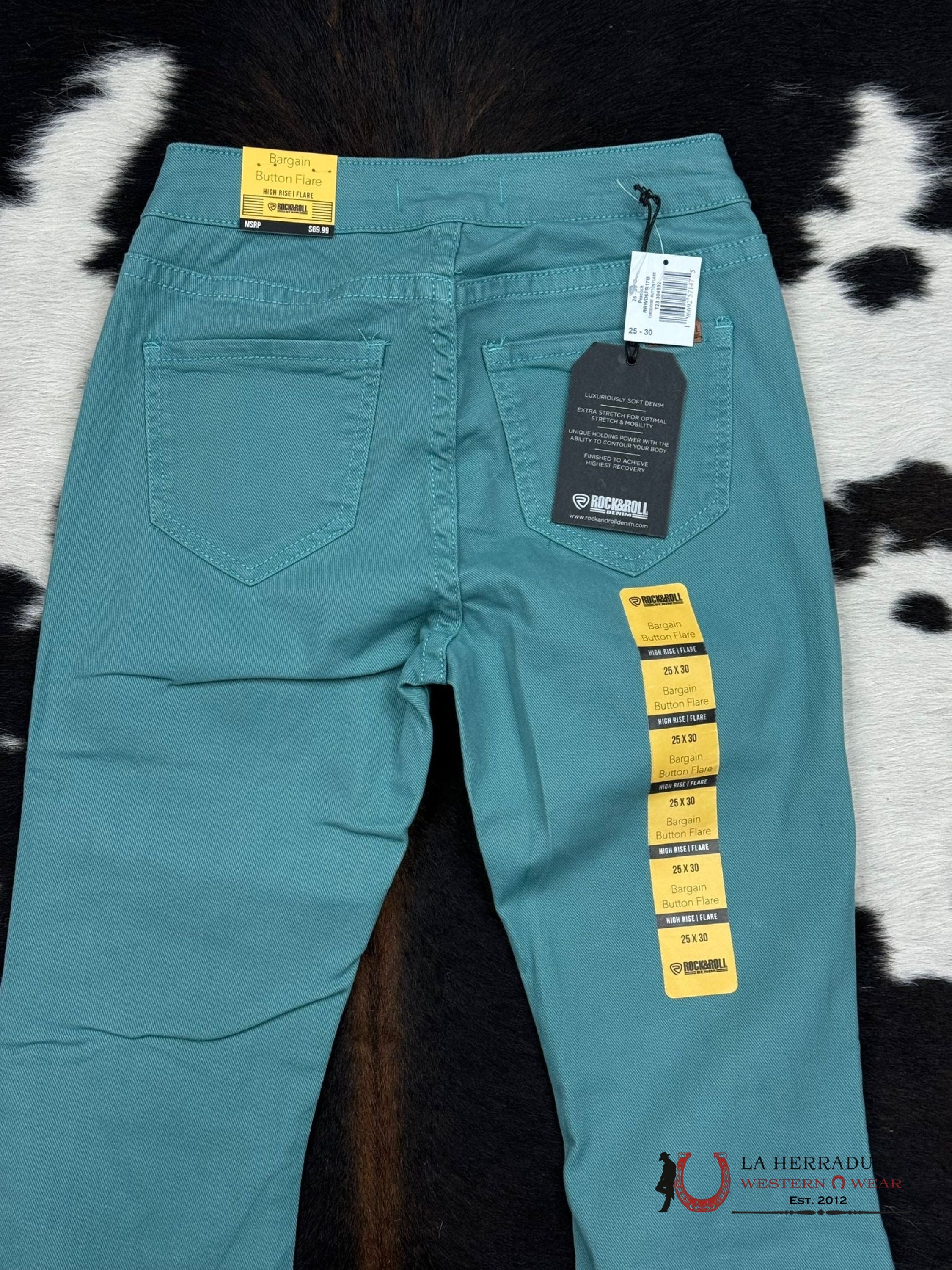 Rock&Roll Peacock Turquoise Button Flare Jeans Women