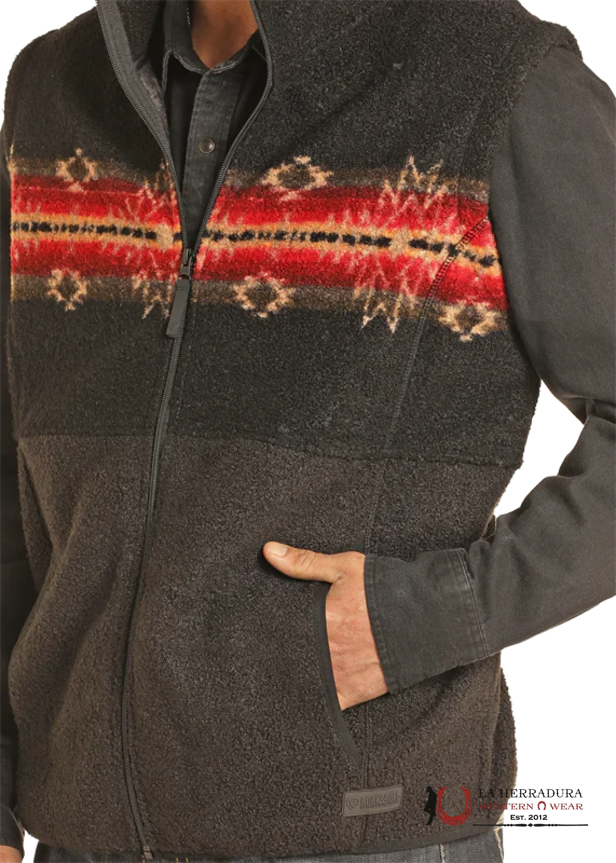 Rock & Roll Print Berber Aztec Vest Black Ropa Hombres