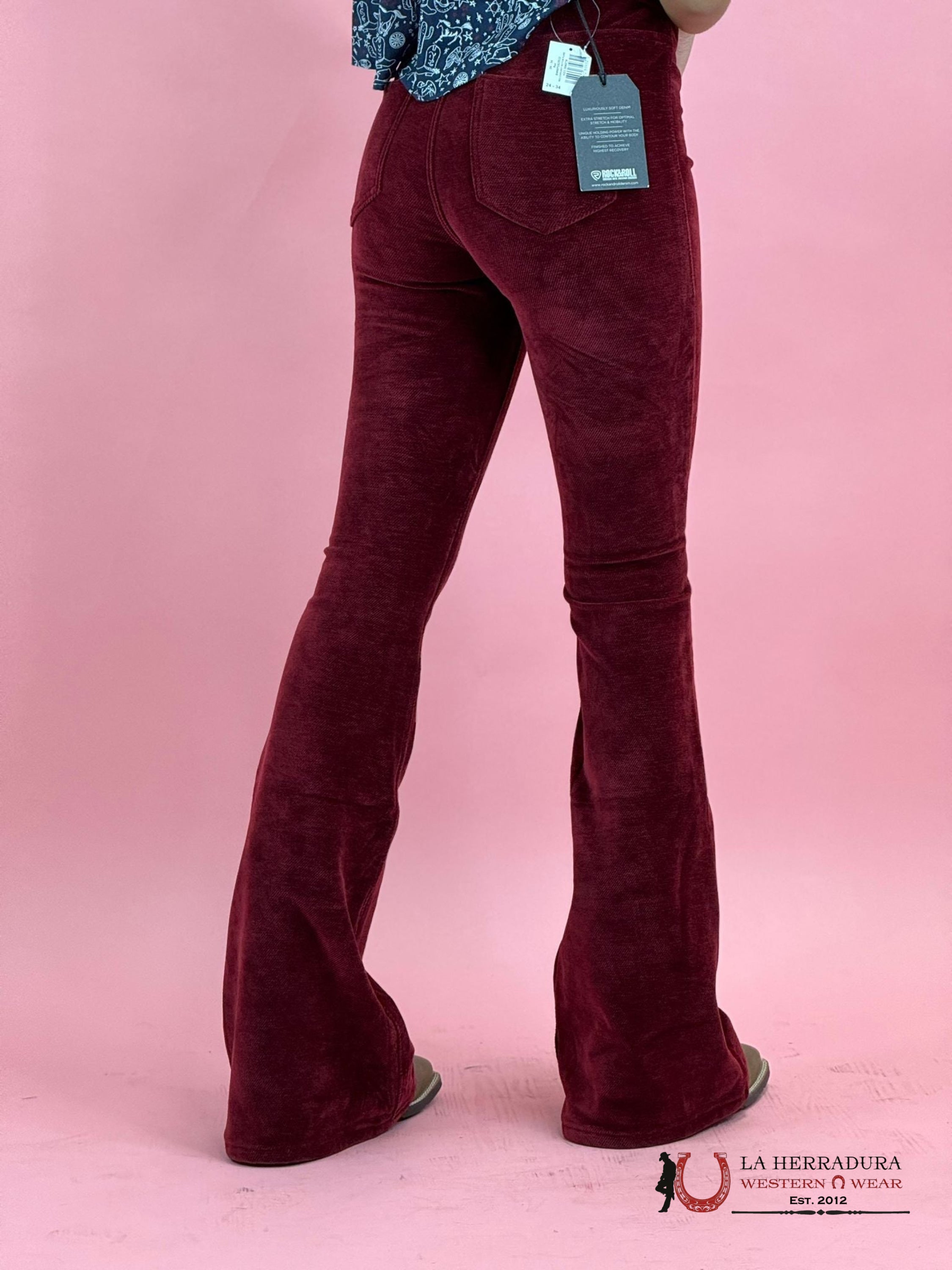 Rock&Roll Red Corduroy Button Flare Jeans Women