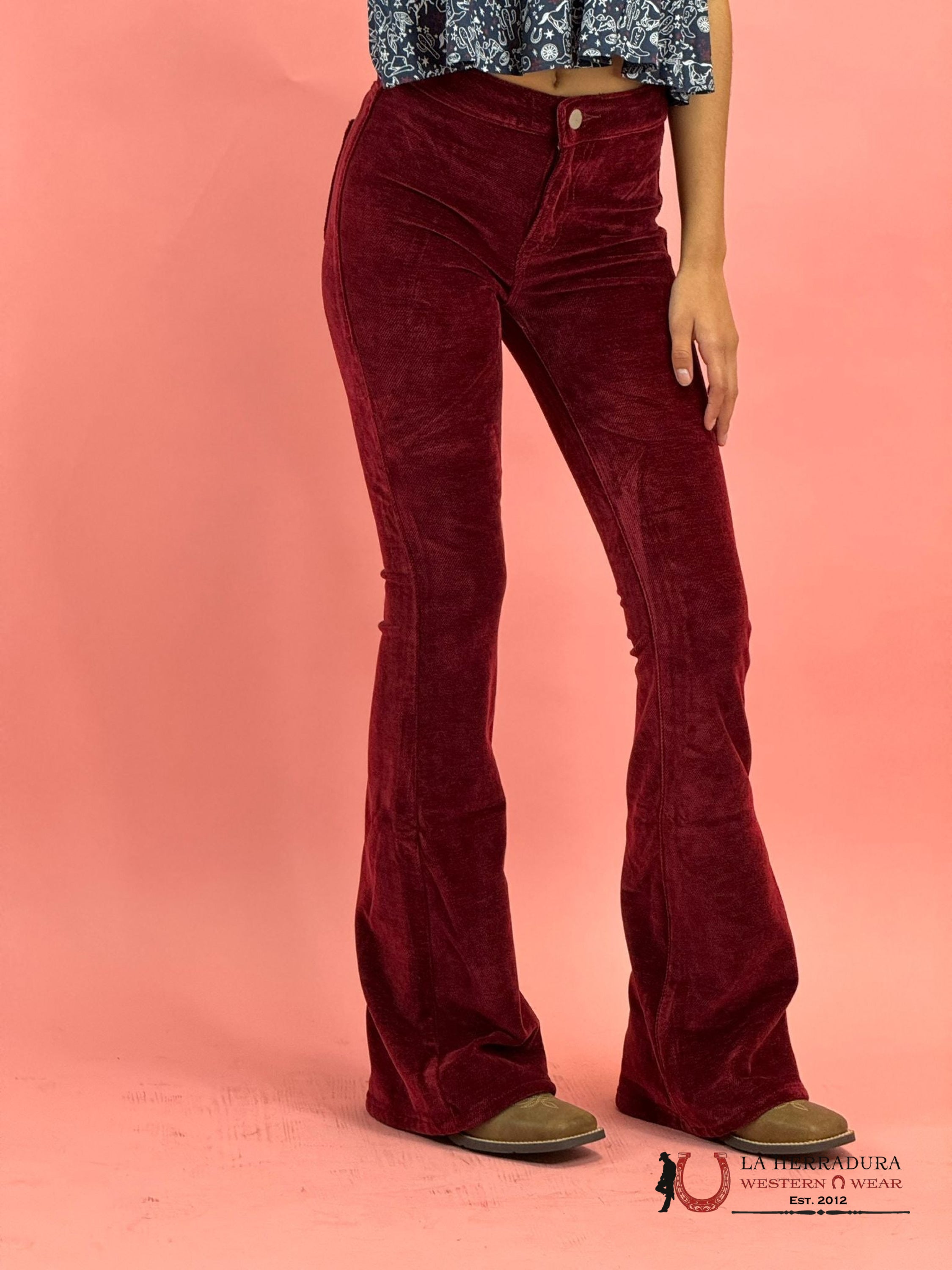 Rock&Roll Red Corduroy Button Flare Jeans Women