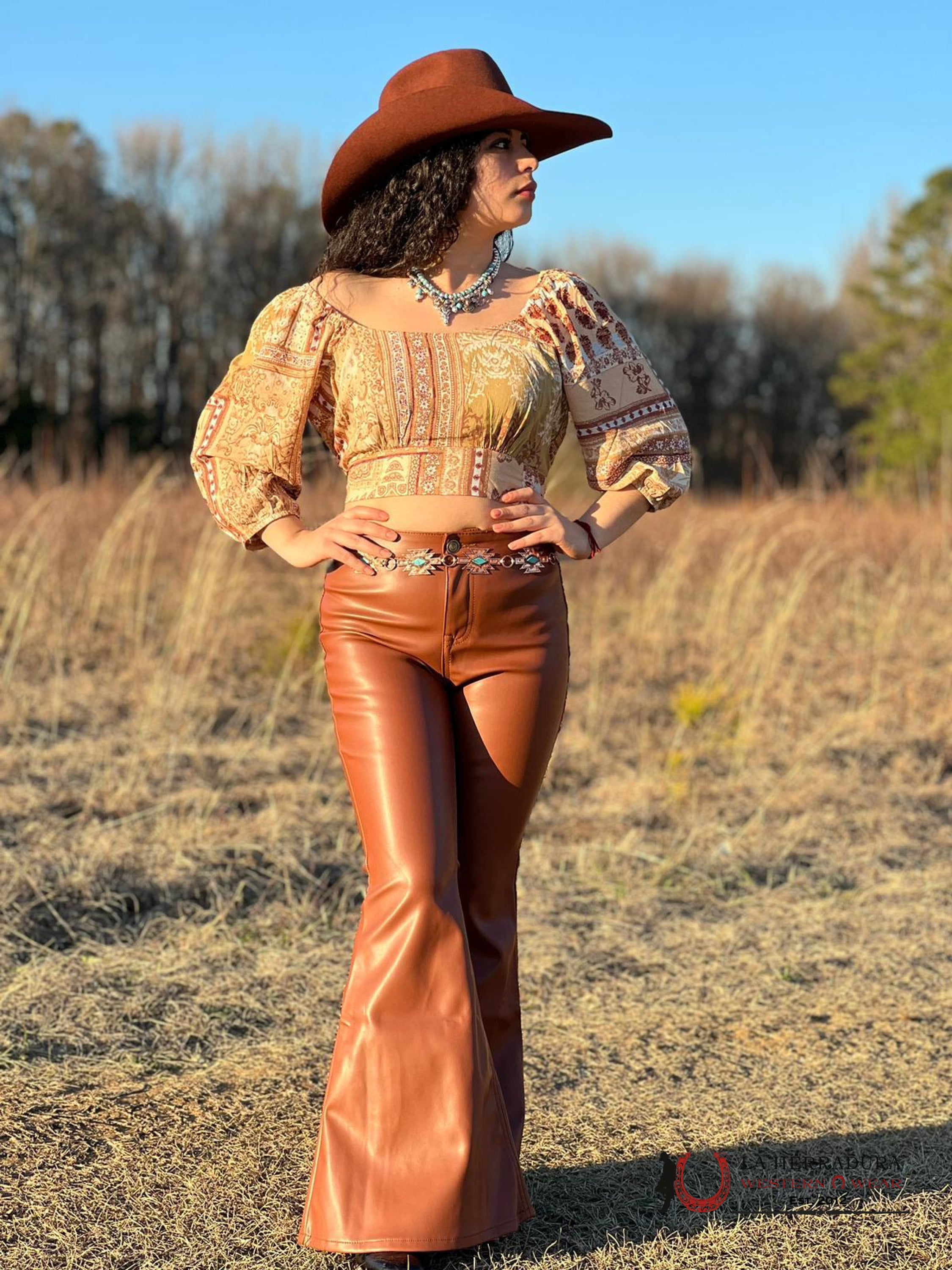 Rock&Roll Brown Faux Leather Flare Jeans Jeans Women