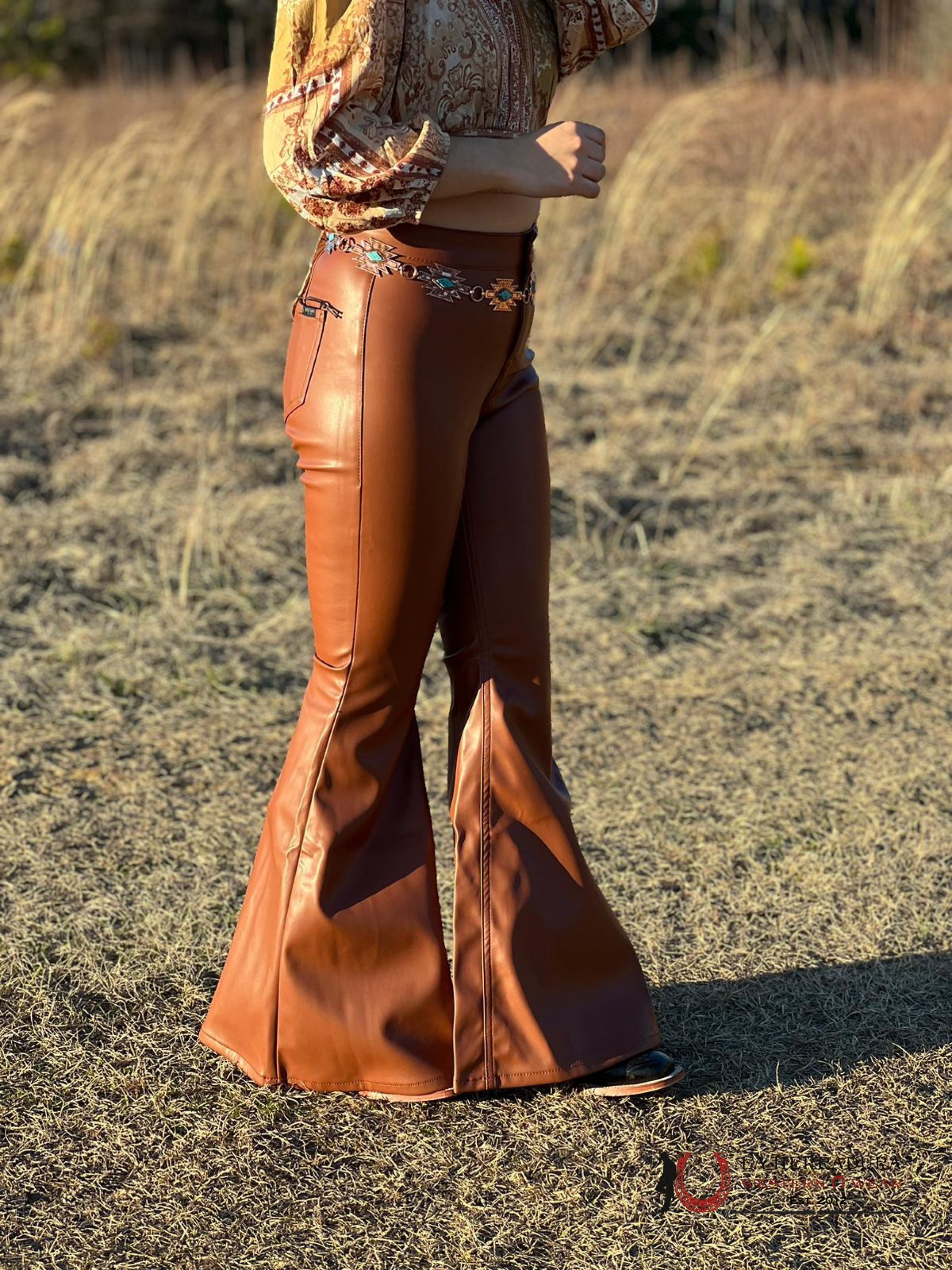 Rock&Roll Brown Faux Leather Flare Jeans Jeans Women