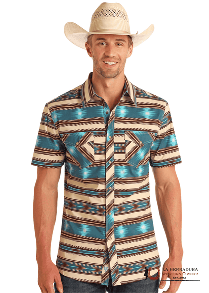 CAMISA VAQUERA DE MANGA CORTA ROCK&ROLL TURQUESA BRILLANTE CON ESTAMPADO DE RAYAS AZTECAS - 5854
