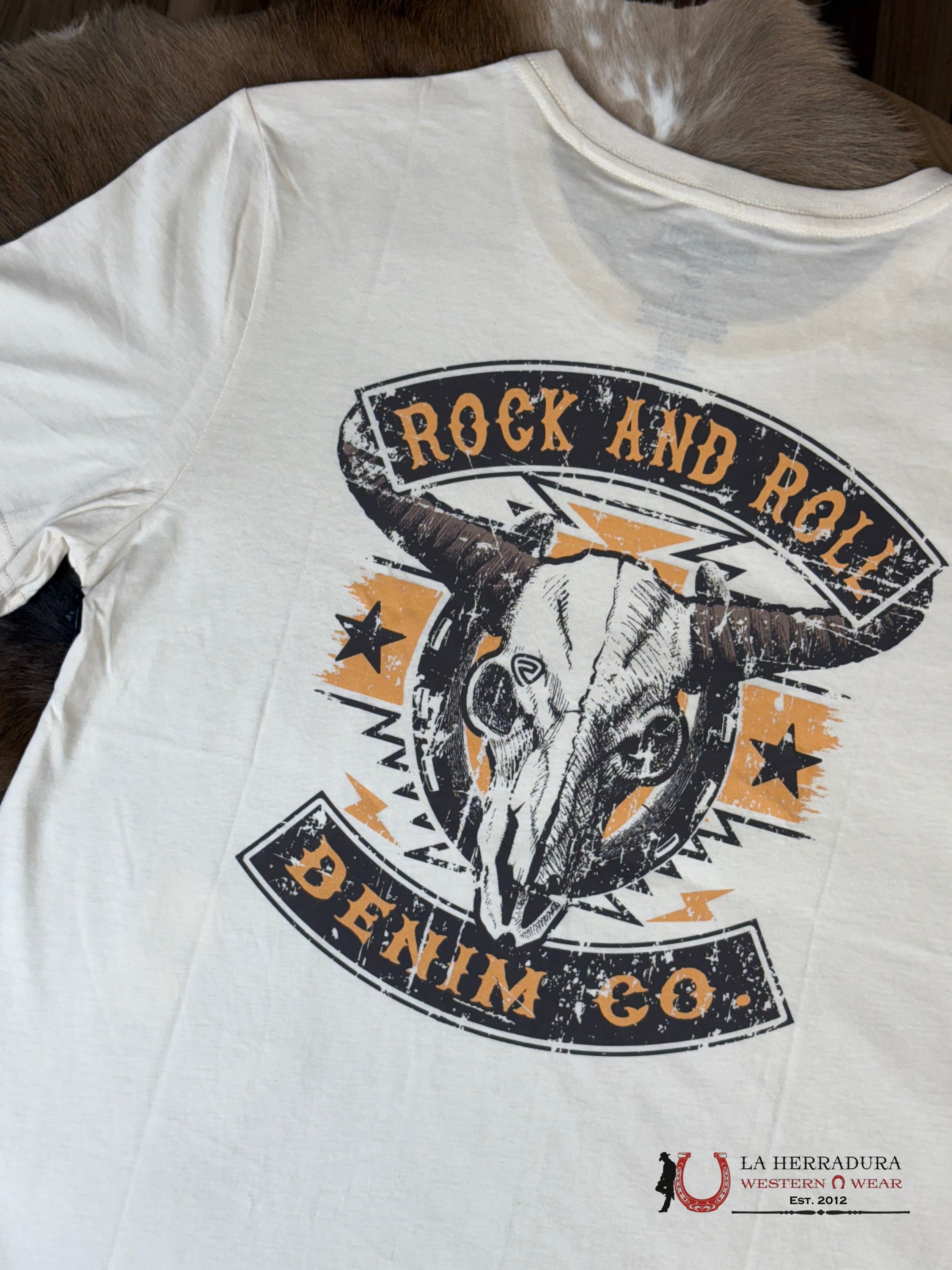 Rock&Roll Short Sleeve Natural Cream With Longhorn Skull Graphic Tee ROPA HOMBRES