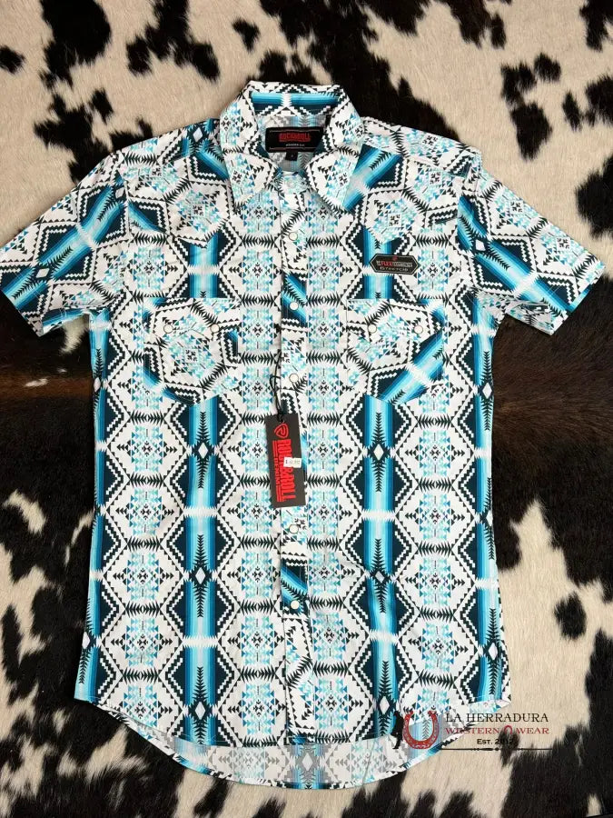 Rock&Roll Short Sleeve White Electric Blue Aztec Snap Ropa Hombres