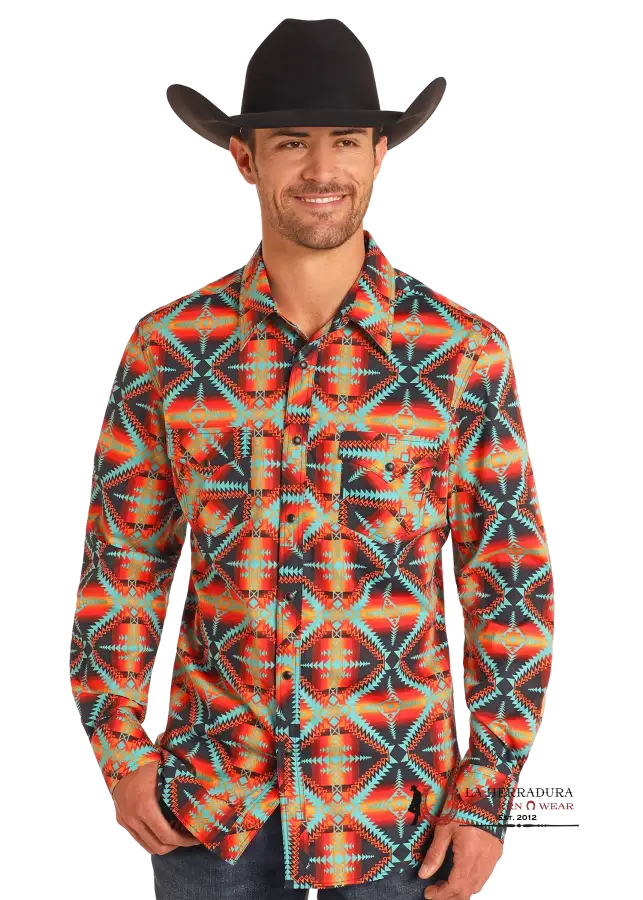 Rock&Roll Slim Fit Red Aztec Long Sleeve Snap Shirt - 4738 Ropa Hombres