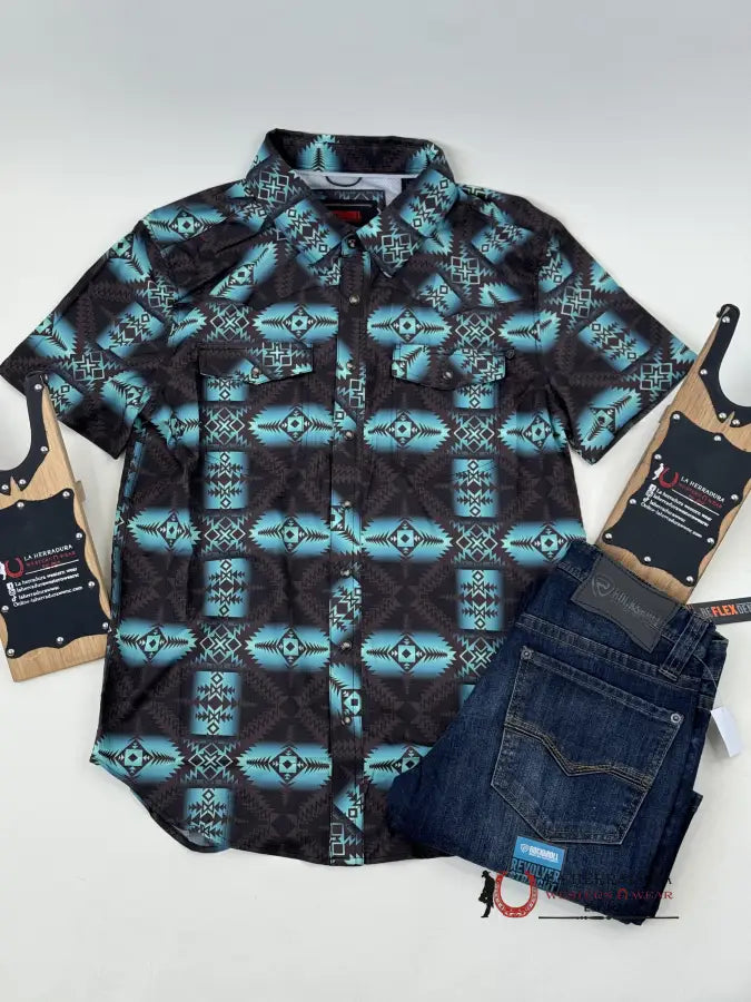 Rock&Roll Teal Aztec Snap Short Sleeve 4808 Ropa Hombres