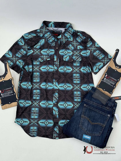 ROCK&ROLL TEAL AZTEC SNAP SHORT SLEEVE BMN3S04808