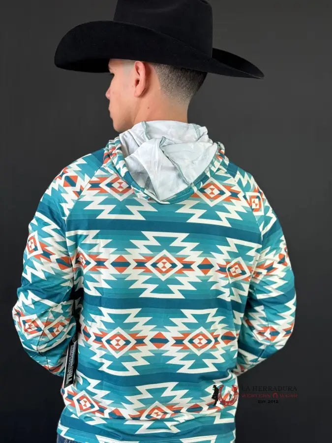 Rock & Roll Teal Printed Performance Hoodie Ropa Hombres