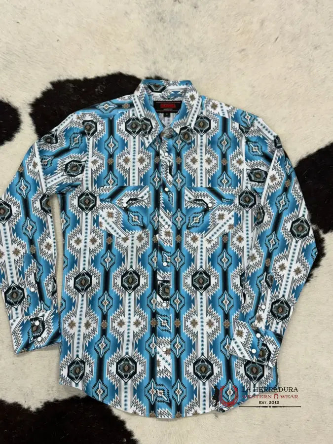 Rock&Roll Turquoise Blue 2Pkt Aztec Snap Long Sleeve Shirt Ropa Hombres