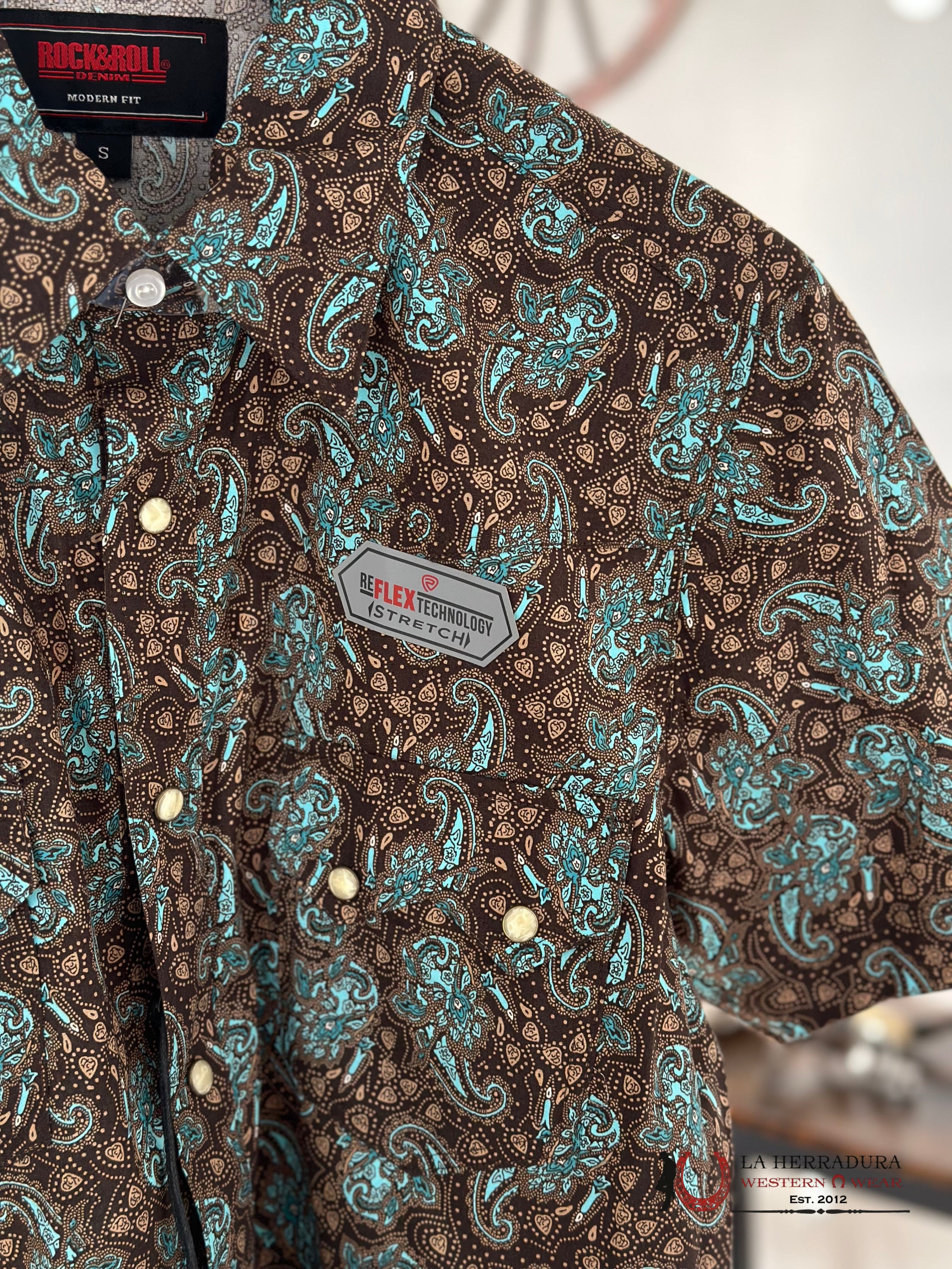 Rock&Roll Turquoise Paisley Snap Short Sleeve Shirt 3940 Ropa Hombres