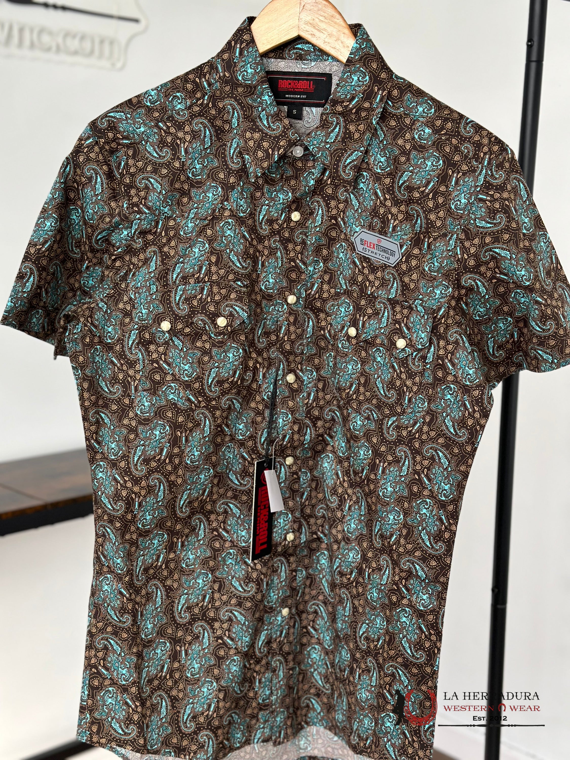 Rock&Roll Turquoise Paisley Snap Short Sleeve Shirt 3940 Ropa Hombres
