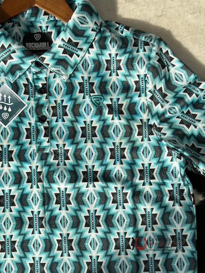 Rock&Roll Turquoise Printed Aztec Polo Short Sleeve Shirt 3966 Ropa Hombres