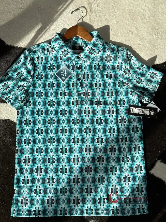 Rock&Roll Turquoise Printed Aztec Polo Short Sleeve Shirt 3966 Ropa Hombres