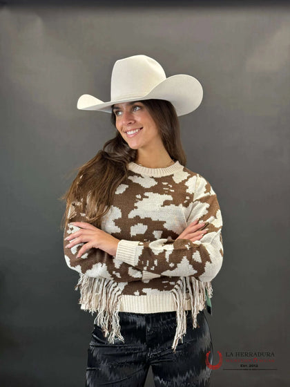 ROCK & ROLL WOMEN COW PRINT FRINGE JAVA PULLOVER SWEATSHIRT AW91T021232