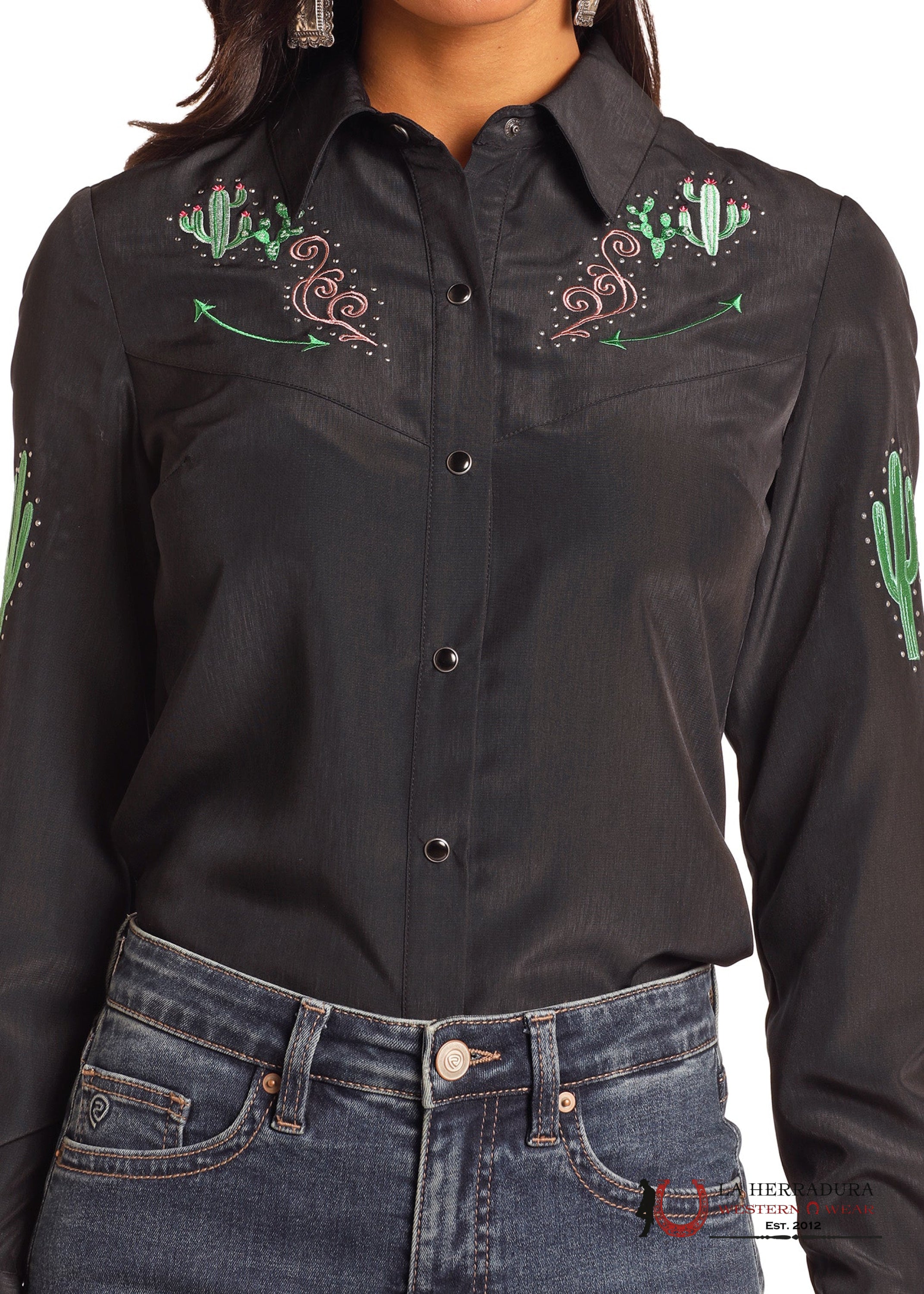 ROCK&ROLL WOMENS BLACK EMBROIDED RETRO SHIRT BWN2S04509 ROPA MUJERES