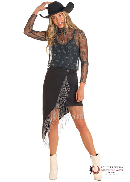 Falda negra de cuero para mujer Rock&Roll con flecos de cristal en la costura lateral BW69D04923