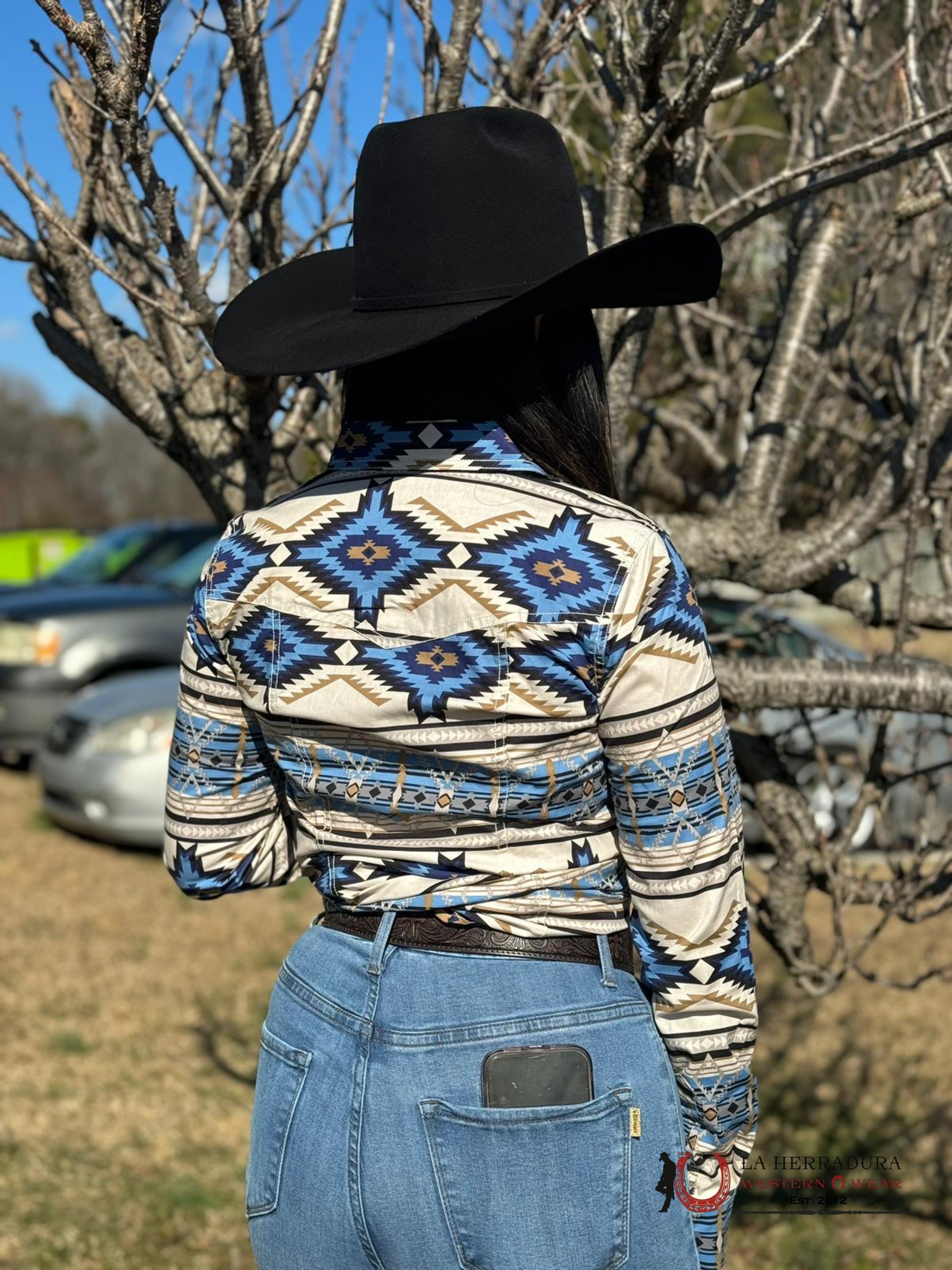 Rock&Roll Womens Blue Beige Aztec Print Snap Shirt Ropa Mujeres