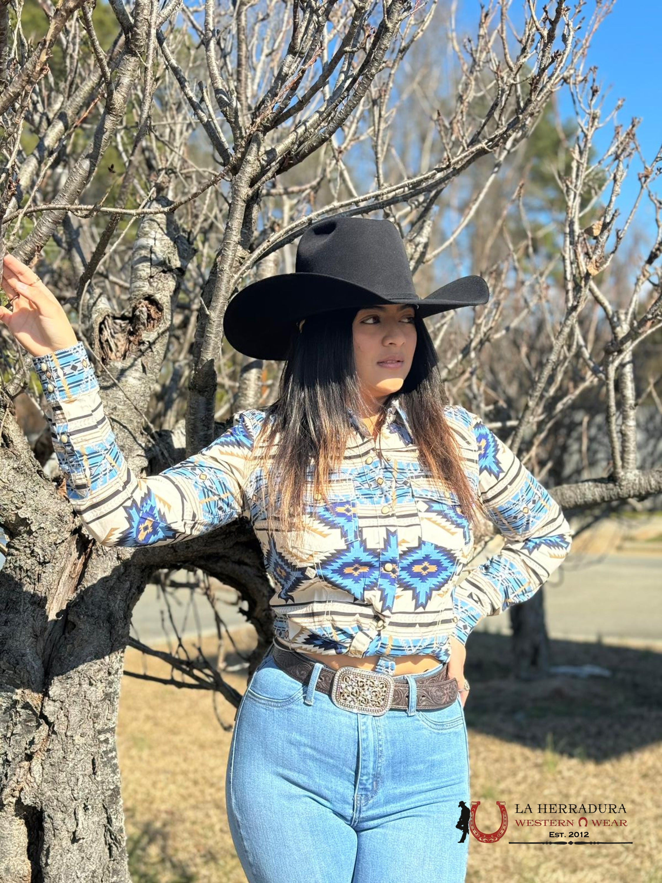 Rock&Roll Womens Blue Beige Aztec Print Snap Shirt Ropa Mujeres