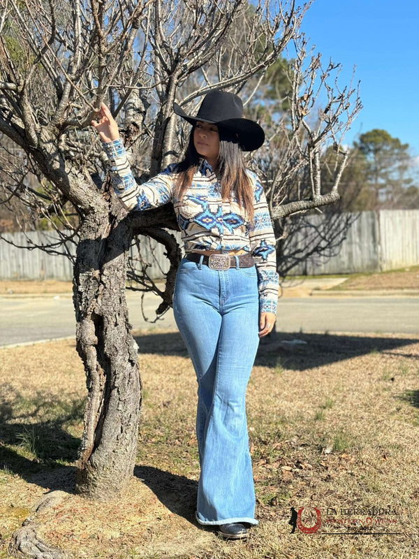 ROCK&ROLL WOMENS BLUE BEIGE AZTEC PRINT SNAP SHIRT RRWSOSR0QZ