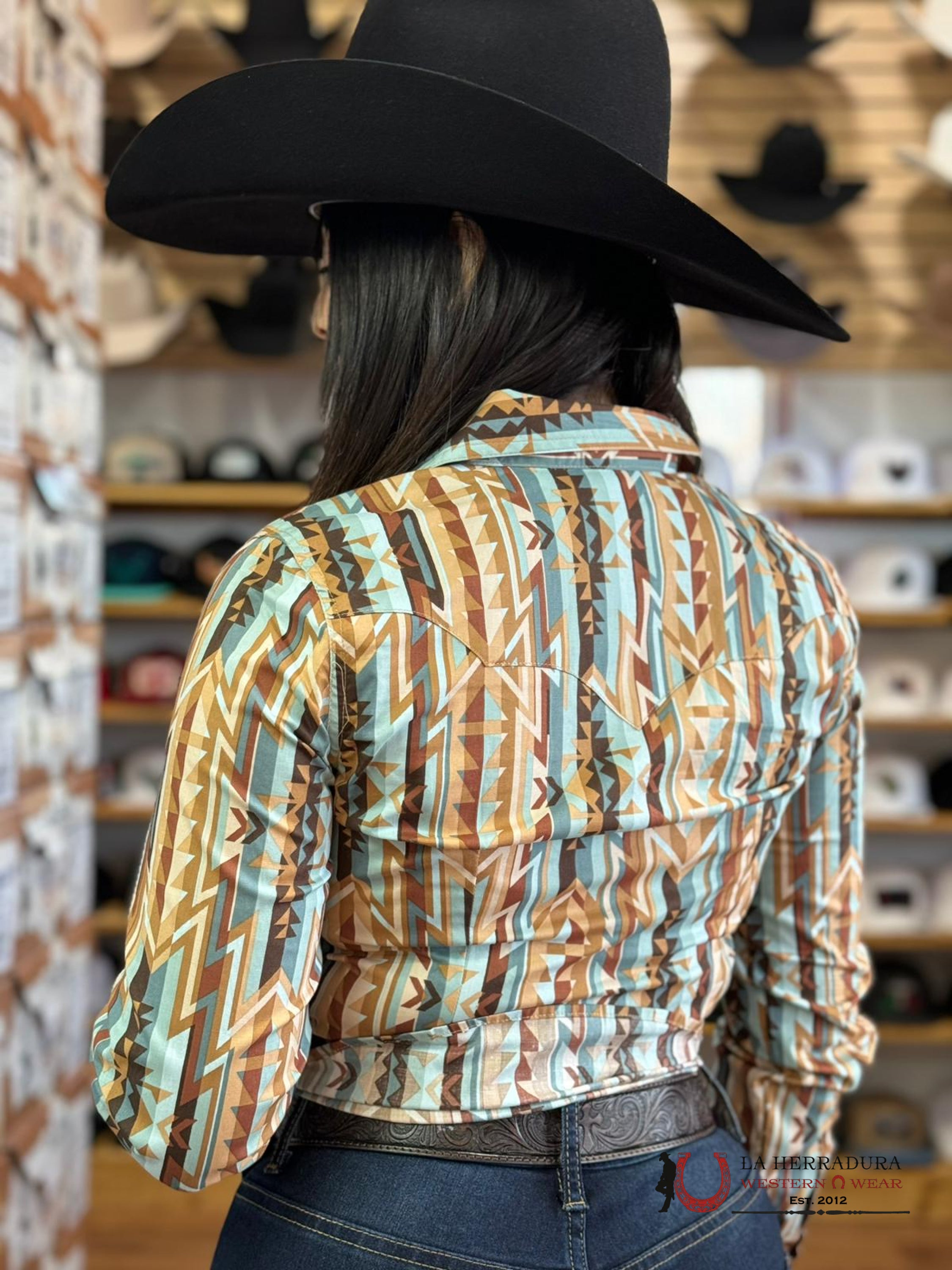 Rock&Roll Womens Button Up Light Teal Brown Aztec Ropa Mujeres