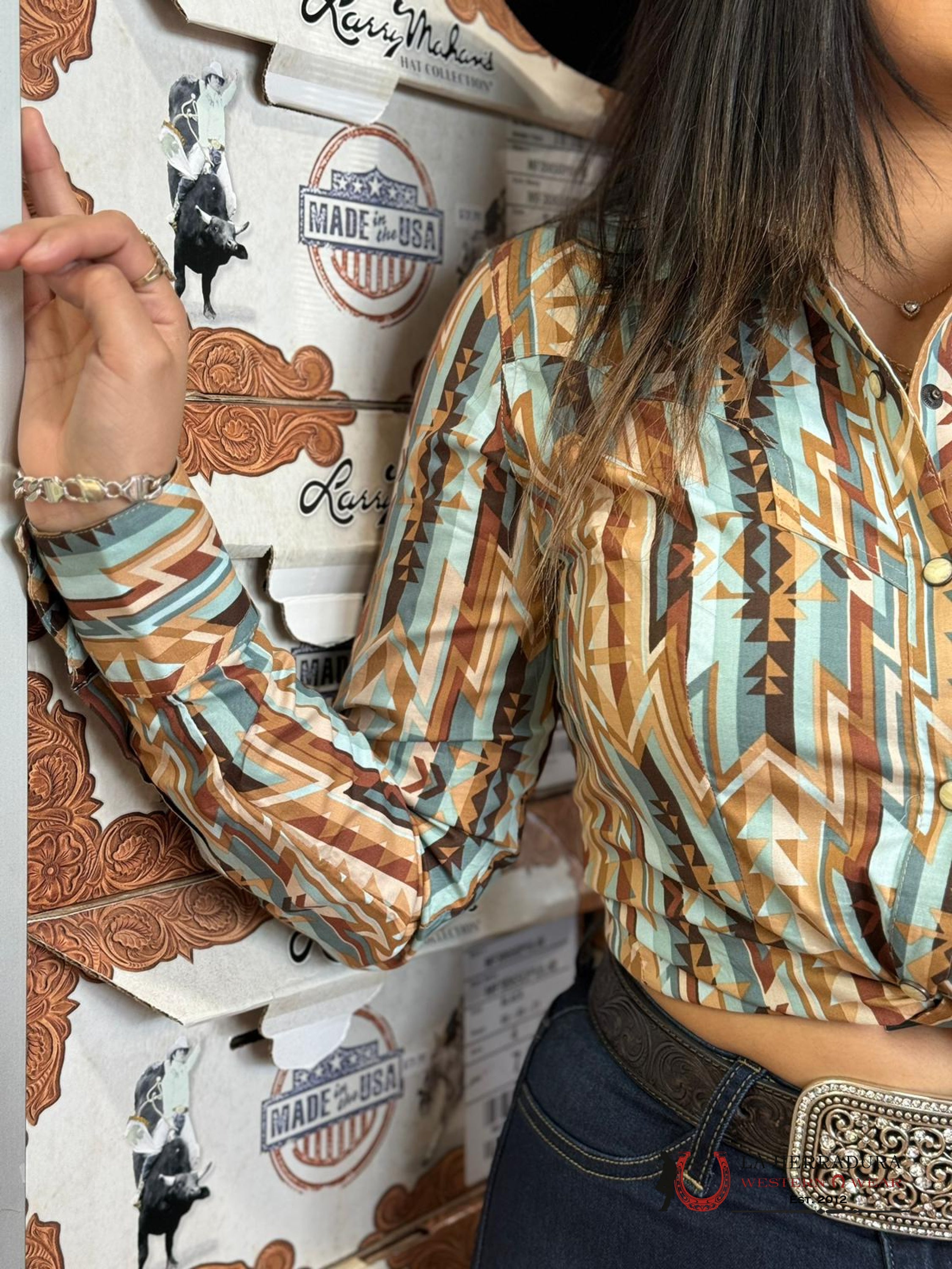 Rock&Roll Womens Button Up Light Teal Brown Aztec Ropa Mujeres