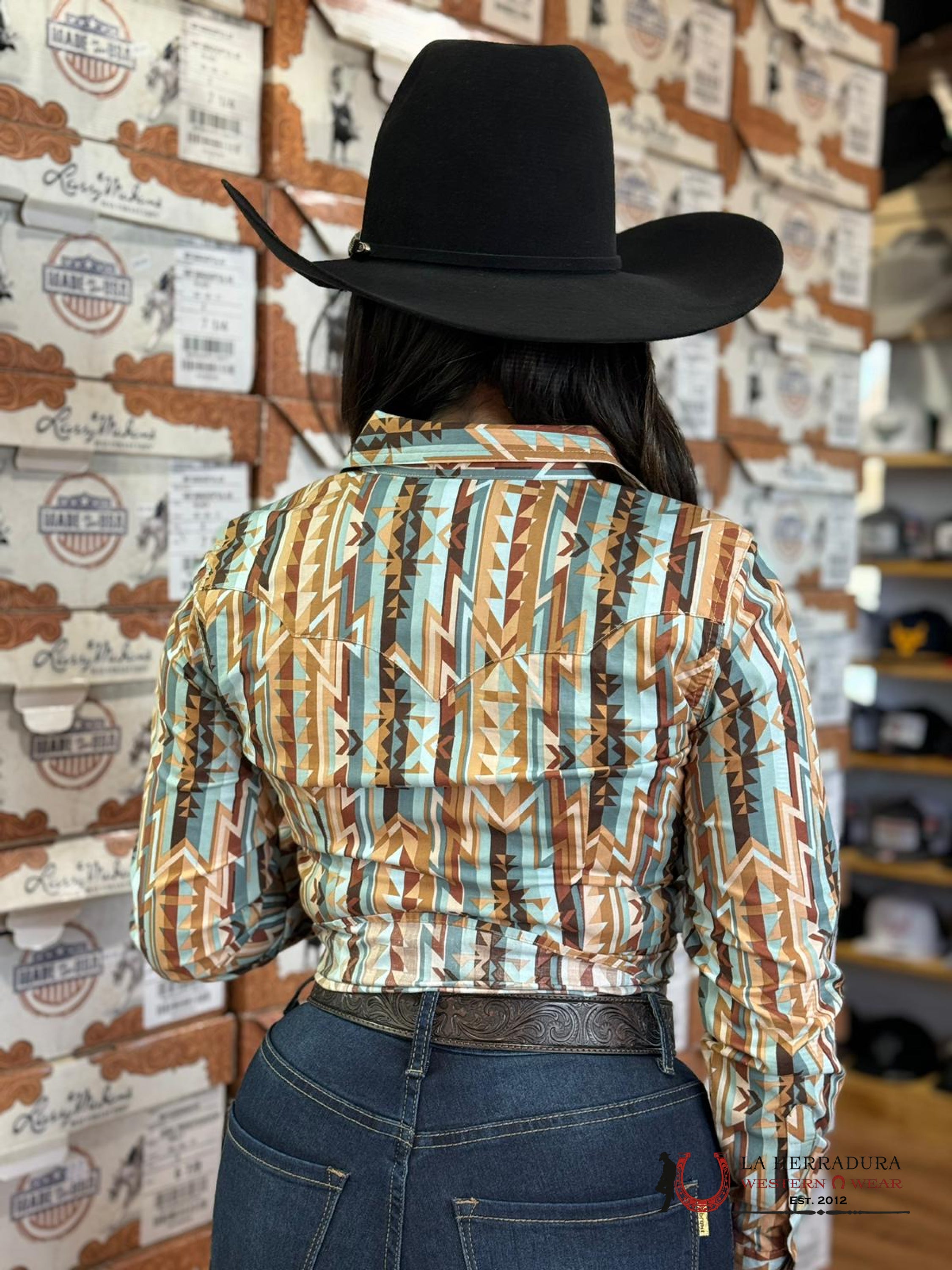 Rock&Roll Womens Button Up Light Teal Brown Aztec Ropa Mujeres