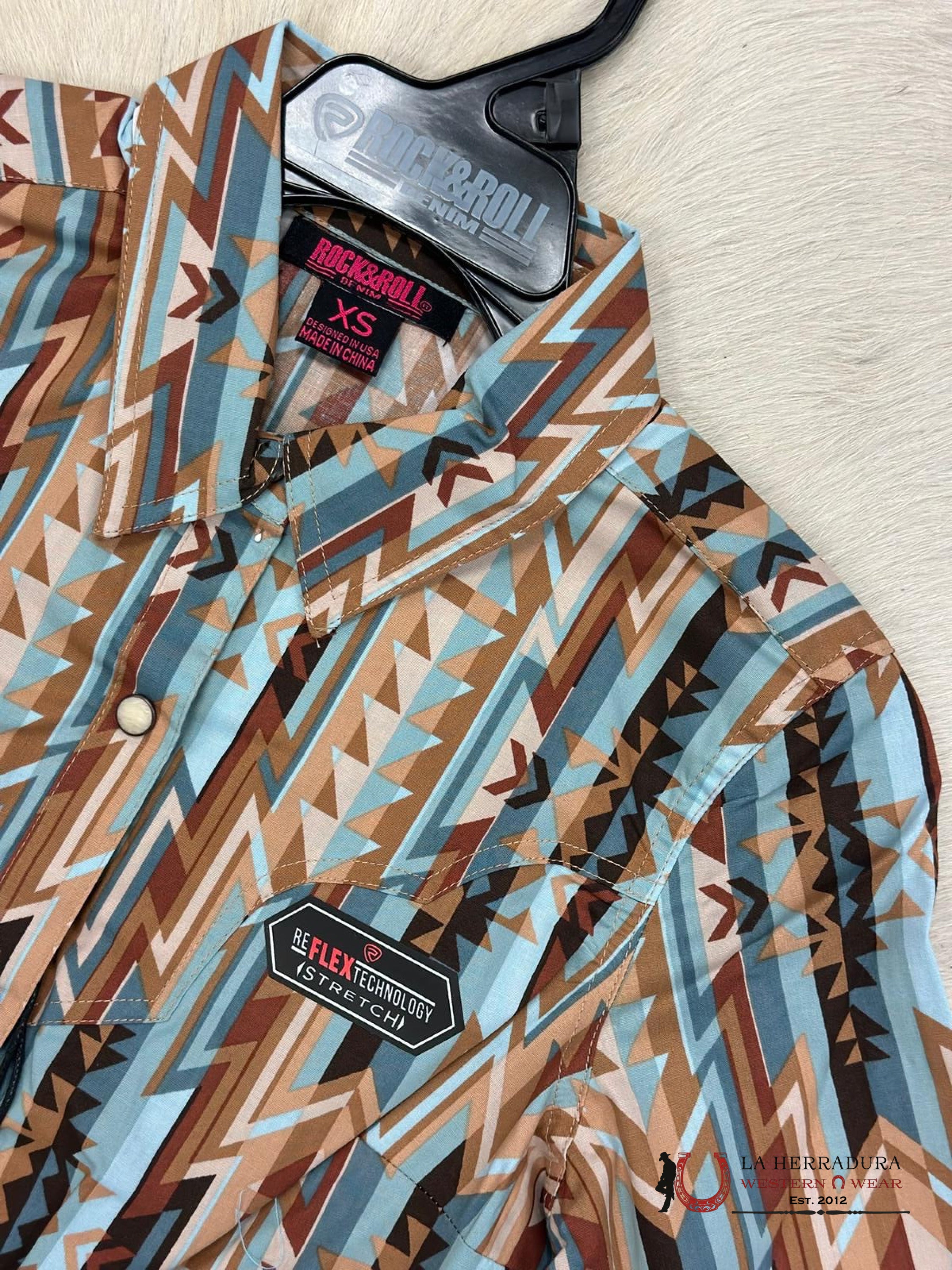 Rock&Roll Womens Button Up Light Teal Brown Aztec Ropa Mujeres