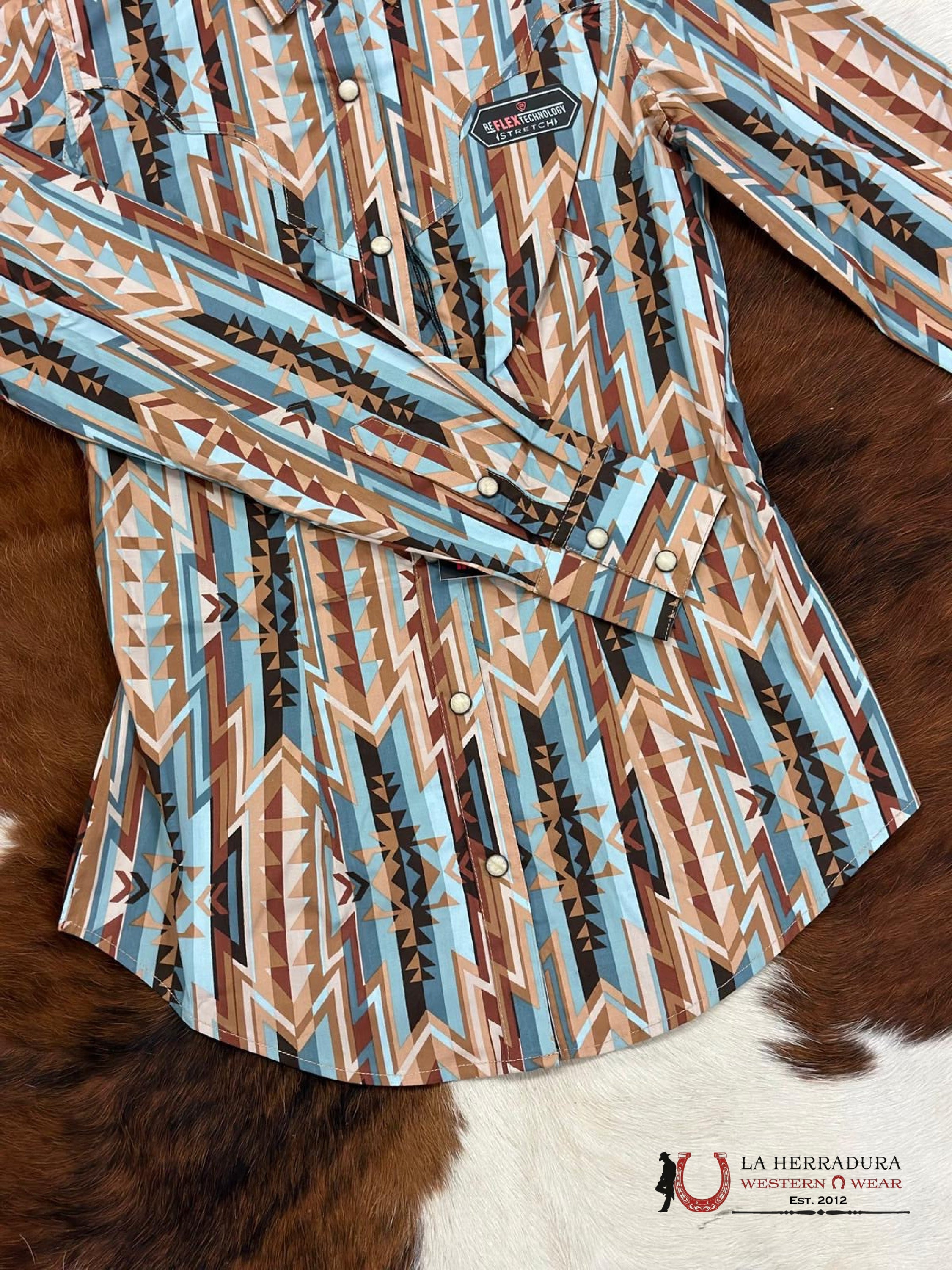 Rock&Roll Womens Button Up Light Teal Brown Aztec Ropa Mujeres