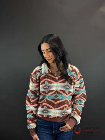 Rock&Roll Womens Brown & Teal All Over Print Pullover RRWT91R04K