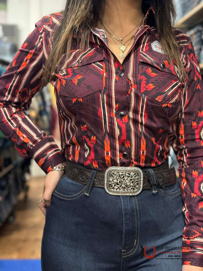 CAMISA ROCK&ROLL DE MUJER COLOR BORGOÑA GEO CON CIERRE A PRESIÓN RRWSOSRZ1K