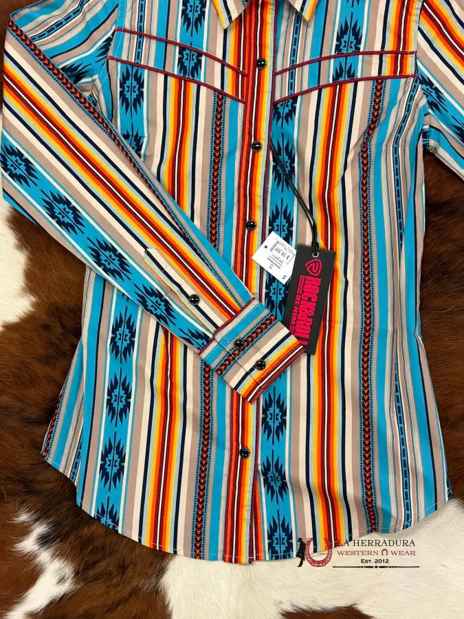 Rock&Roll Womens Button Up Blue Orange Stripe Aztec Ropa Mujeres